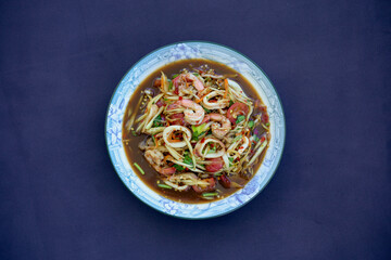 Street Food In Thailand, Papaya Salad with Seafood