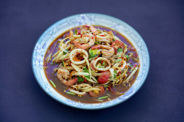Street Food In Thailand, Papaya Salad with Seafood
