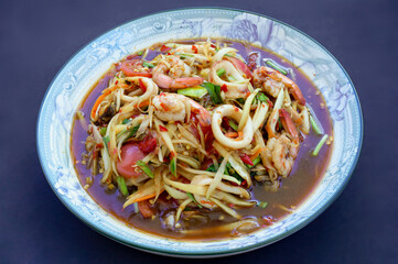 Street Food In Thailand, Papaya Salad with Seafood
