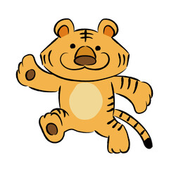 Tiger cartoon for New Year’s greeting card. Vector illustration isolated on white background.