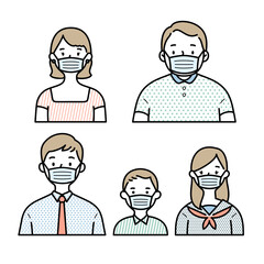 マスクをする5人のイラスト	