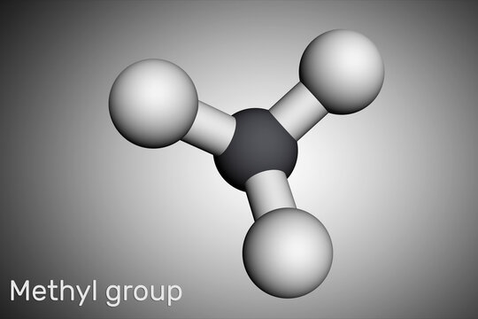 Methyl group (Me), CH3. It is alkyl functional group, structural unit of organic compounds Molecular model. 3D rendering