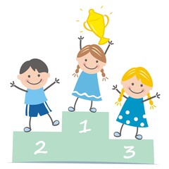 winning team,vector illustration, group of children with cup, blue dress, color picture on white background