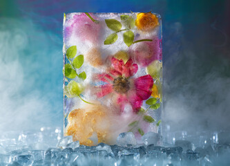 Beautiful flowers and leaves frozen in ice block. Frozen roses surrounded by ice cubes and ice smoke