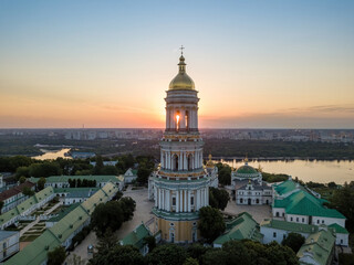 Fototapeta na wymiar Kiev Pechersk Lavra at dawn. Clear morning. Aerial drone view.