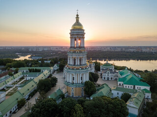 Naklejka premium Kiev Pechersk Lavra at dawn. Clear morning. Aerial drone view.