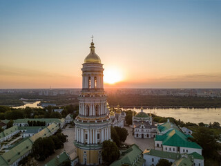 Kiev Pechersk Lavra at dawn. Clear morning. Aerial drone view.