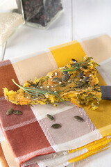 Vegan cuisine slice of omelette with chickpea flour and agretti