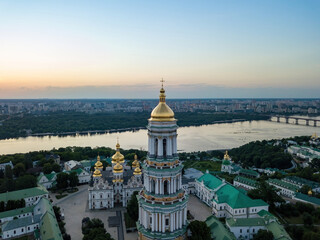 Kiev Pechersk Lavra at dawn. Clear morning. Aerial drone view.