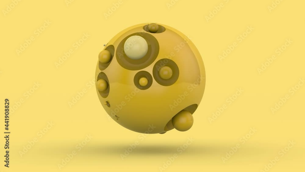 Poster loop 3d animation of a yellow sphere with a lot of small satellites. abstract geometric composition 