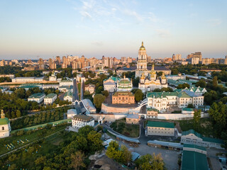 Kiev Pechersk Lavra at dawn. Clear morning. Aerial drone view.