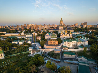 Kiev Pechersk Lavra at dawn. Clear morning. Aerial drone view.