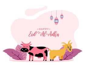Flat style illustration of goat and cow for eid al adha greeting concept islamic holiday