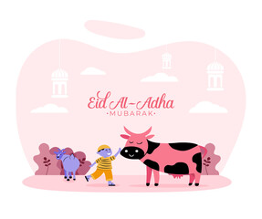 Flat style illustration of muslim boy with sacrifice animal cow and goat for eid al adha greeting concept islamic holiday