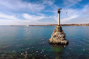 Monument to scuttled Russian ships to obstruct entrance to Sevastopol bay. One of symbols of Sevastopol.Crimea, Russia