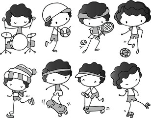 Vector illustration cartoon boy playing musical instruments, pulley, tennis, basketball, football, skating, scooter series