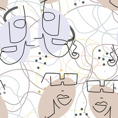 Woman Face line. Abstract drawing seamless pattern