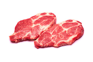 Fresh raw beef or pork steaks on white background