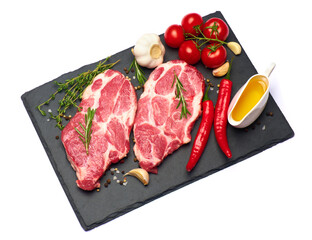 Fresh raw beef or pork steaks on white background