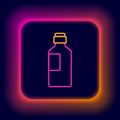 Glowing neon line Bottle of water icon isolated on black background. Soda aqua drink sign. Colorful outline concept. Vector