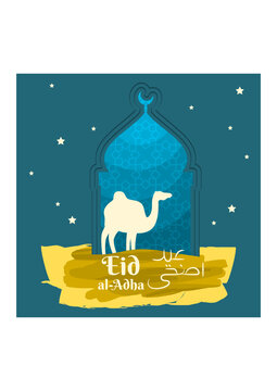 Editable Vector of Camel Silhouette in Front of Patterned Mosque Shape Illustration with Arabic Script of Eid Adha on Brush Strokes Banner for Artwork Elements of Islamic Holy Festival Design Concept