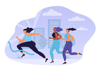 vector hand drawn illustration on the theme of running competitions, marathon. three girls are running and one of them is finishing. trend illustration in flat style 