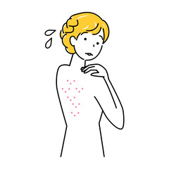 スキンケア 背中にポツポツ（吹き出物・ニキビ）が出来て悲しんでいる可愛い女性 イラスト シンプル ベクター