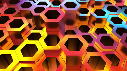Bright hexagons from 3d render of geometric textures. Futuristic techno surface with shiny gradient. Colorful decorative mosaic with varying heights and polished reflections.