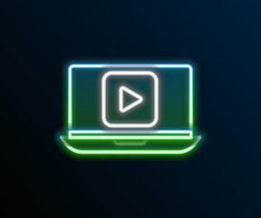 Glowing neon line Online play video icon isolated on black background. Laptop and film strip with play sign. Colorful outline concept. Vector