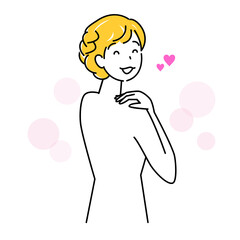 スキンケア 背中のポツポツ（吹き出物・ニキビ）が治り喜んでいる可愛い女性 イラスト シンプル ベクター