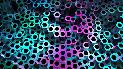 Bright hexagons from 3d render of geometric textures. Futuristic techno surface with shiny gradient. Colorful decorative mosaic with varying heights and polished reflections.