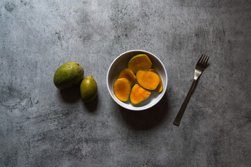Himsagar or sweet mango, a favourite fruit across India, generally found from the onset of summer till the monsoons. Top view.  