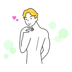 スキンケア 背中のポツポツ（吹き出物・ニキビ）が治り喜んでいる可愛い男性 イラスト シンプル ベクター