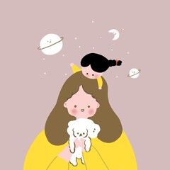 A big sister girl with a long hair is holding her cute white dog while a little sister with a red ribbon is on her head on a deep pink background with stars moon and planets on it