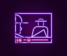 Glowing neon line Online play video icon isolated on black background. Film strip with play sign. Colorful outline concept. Vector