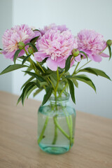 Bouquet of fresh pink peonies in transparent jar standing on the table indoors