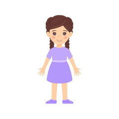 Cute Little Brunette Girl with Pigtails is standing in a dress and shoes. Happy Child Smiles. Female Character full length. Flat color cartoon style. White background. Vector stock illustration.