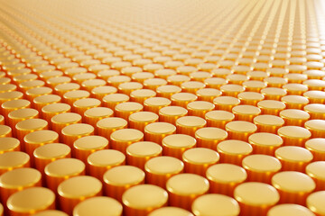 Obraz premium 3D illustration many gold cylinder background , wave many gold cylinder for product presentation, 3D rendering