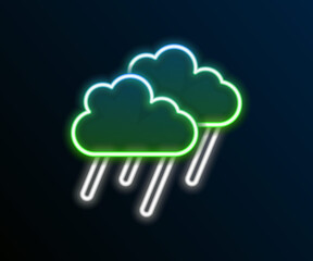 Glowing neon line Cloud with rain icon isolated on black background. Rain cloud precipitation with rain drops. Colorful outline concept. Vector