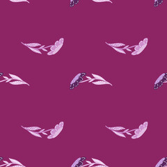 Seamless pattern in minimalistic style with simple abstract flowers print. Bright purple background.
