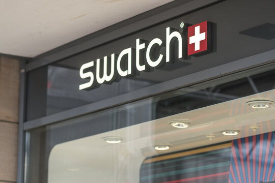 Hamburg, Germany - March 28, 2021: Swatch store signage. Swatch is a Swiss watchmaker founded in 1983 by Nicolas Hayek, and is subsidiary of The Swatch Group 
