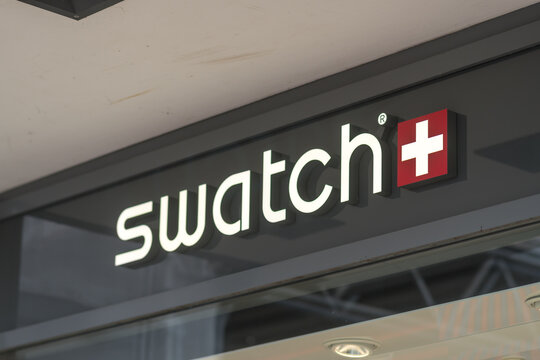 Hamburg, Germany - March 28, 2021: Swatch store signage. Swatch is a Swiss watchmaker founded in 1983 by Nicolas Hayek, and is subsidiary of The Swatch Group 