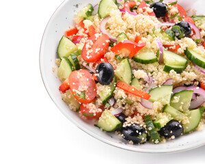 Plate with couscous and vegetables on white background