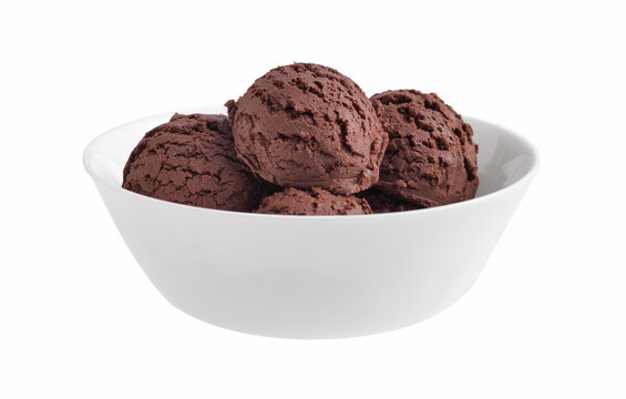 Chocolate ice cream in white bowl on white background