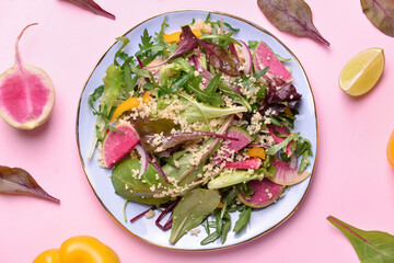 Composition with tasty couscous and vegetables on color background