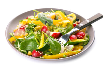 Plate with couscous and vegetables on white background