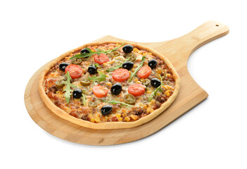 Board with tasty pizza on white background