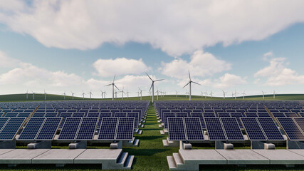 Rows of Solar Panels and Wind Turbines on the Plain 3D Rendering