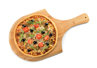 Board with tasty pizza on white background