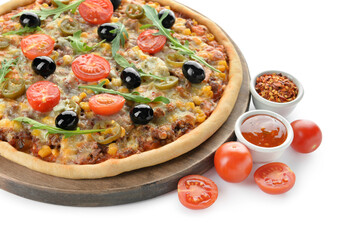 Board with tasty pizza and sauce on white background